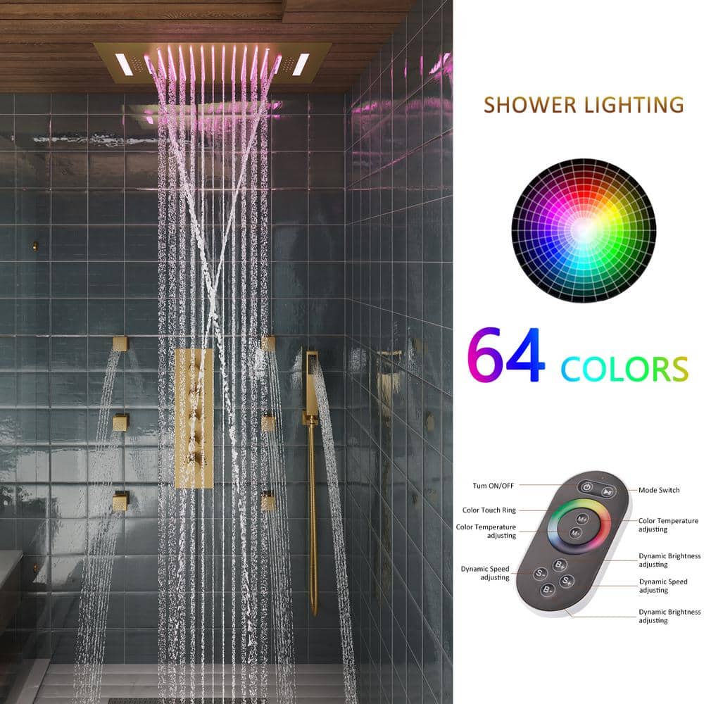 Brushed Gold Large Dual Rectangle Ceiling Mounted Shower System with LED and Bluetooth