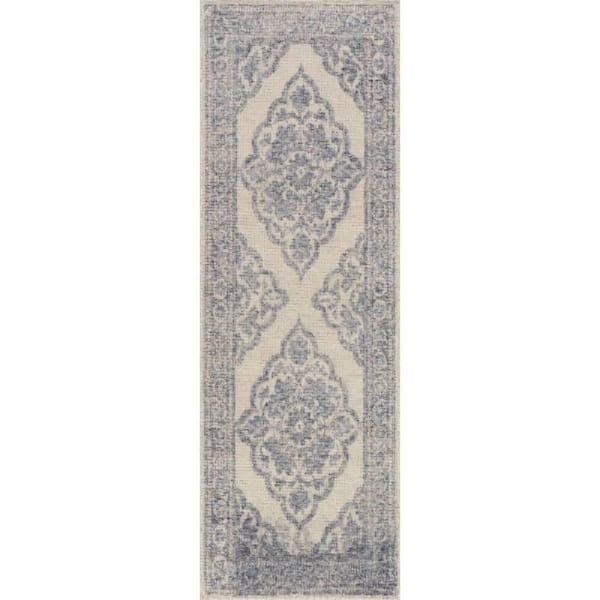 Padma Lakshmi Istanbul Hand-Tufted Ornate Border Wool-Blend Dark Blue 3 ft. x 6 ft. Indoor Runner Rug