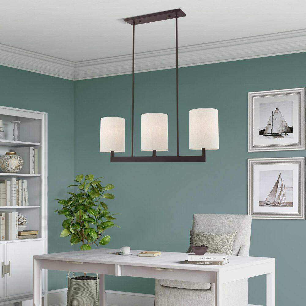 Bronze Steel 3-Light Linear Chandelier with Drum Shades