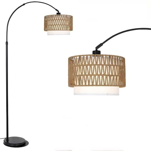 Jushua 72.8 in. Black Arc Floor Lamp with Remote, Standing lamp with Rattan Lampshades, Dimmable, Height Adjustable