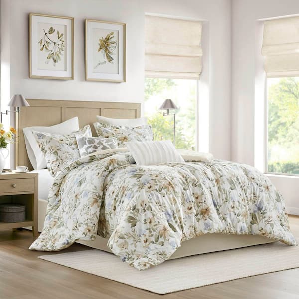5-Piece King/Cal King Modern Elegance Nature Inspired Floral Print 100% Cotton Sateen Duvet Cover Set for All Season Use