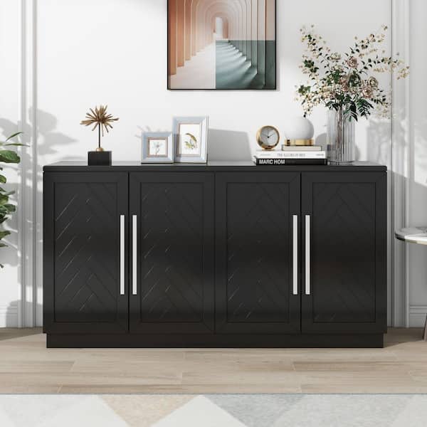 Harper & Bright Designs Black Wood 60 in. W Sideboard with Adjustable Shelves and Silver Handles, Large Storage Space Buffet Cabinet