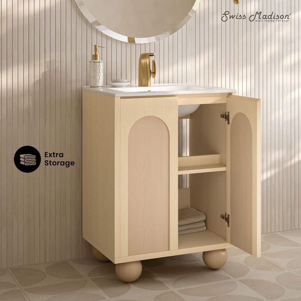 Plaisir II 24" Natural Oak Freestanding Bathroom Vanity with White Ceramic Sink Top