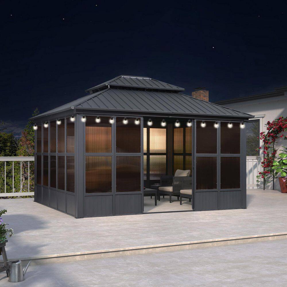 Hardtop Gazebo 12 ft. x 14 ft. Gray Aluminum Sunroom Gazebo with Double Top, Mesh Screens and 24 Lights price history on PriceWatchPro