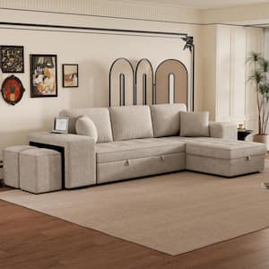 104.5 in. Cream Chenille Full Size Sofa Bed, L Shaped Modern Sectional Sofa with Storage Chaise and Stools