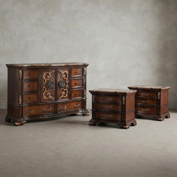 Furniture of America Gurando 3-Piece Traditional Dark Cherry 2-Drawer Set  of 2 Nightstands and Dresser with Sintered Stone Top IDFN7422CH-2NSD