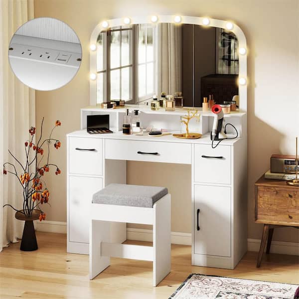 2-Piece White Makeup Vanity Set with Large Mirror 3-Color Lights for Bedroom