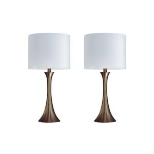 24.25 in. Matte Golden Bronze Table Lamp Set with Flared Body and Off-White Linen Shade (2-Pack)