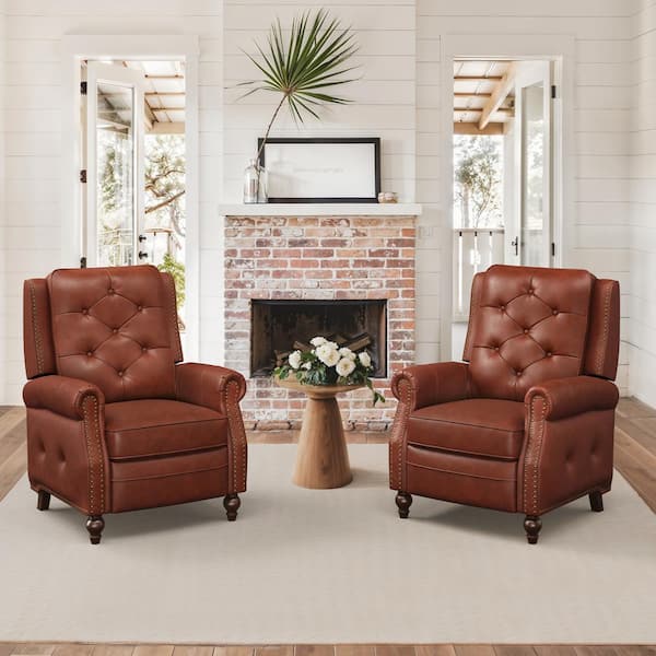 Alano Red Brown Top Genuine Leather Recliner Chair with Push Back Recliner with Nail Head Trim Set of 2