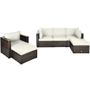 6-Piece Rattan Patio Conversation Set Sectional Furniture Set w/White Cushions