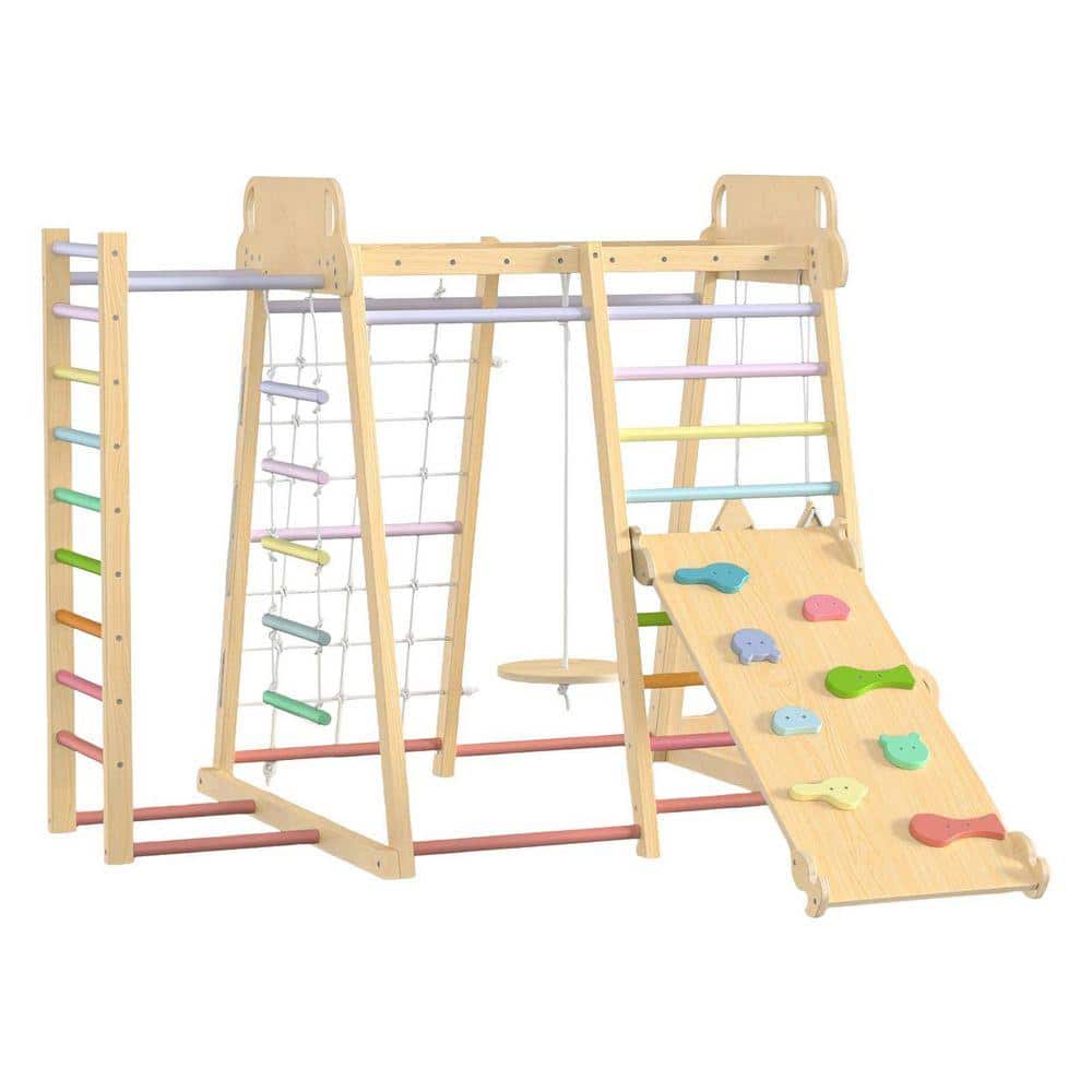 Upgraded 9-in-1 Jungle Gym Swing Set with Slide, Monkey Bars, Upright Ladder, Climbing Net, Rope Ladder, and Rainbow