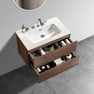 TIA 30.00 in. W x 18.10 in. D x 21.10 in. H Wall Mounting Bath Vanity in Walnut with White Top