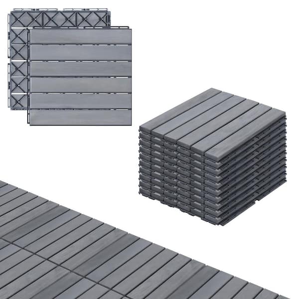 12 in. x 12 in. Square Acacia Wood Striped Pattern Patio Interlocking Deck Tiles, Light Gray (10-Pieces)