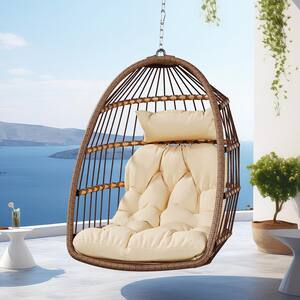 Beige Wicker Hanging Egg Chair Swing Outdoor Lounge Chair with Cushion