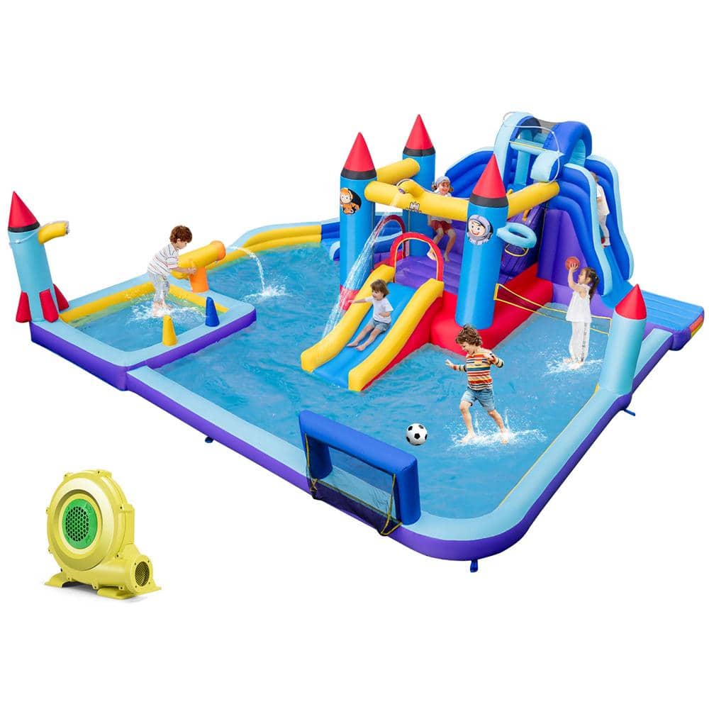 Costway Rocket Theme Inflatable Water Slide Park Bounce House with 2-Slides Splash Pool and 950-Watt Blower