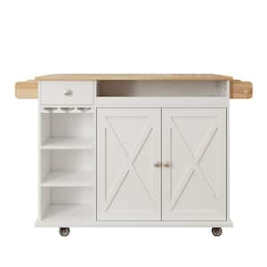 White Solid Wood Wood Kitchen Cart with Solid Wood Top, Wine Storage, Spice Rack, Towel Rack, Wine Glass Holder