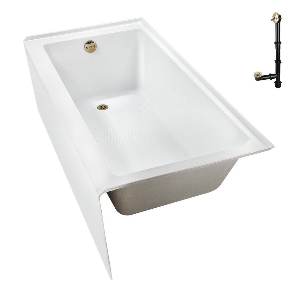 Glossy White Acrylic Alcove Bathtub with Polished Brass Drain