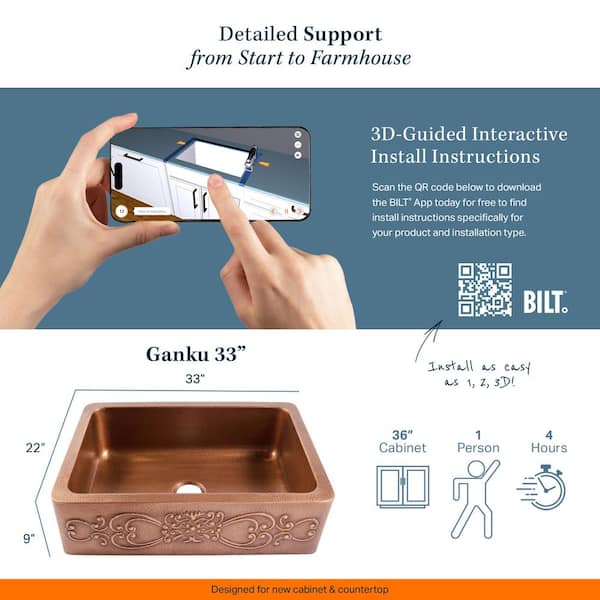 Ganku Farmhouse/Apron-Front Handmade Copper 33 in. Single Bowl Copper Kitchen Sink with Scroll Design Ganku Farmhouse/Apron-Front Handmade Copper 33 in. Single Bowl Copper Kitchen Sink with Scroll Design