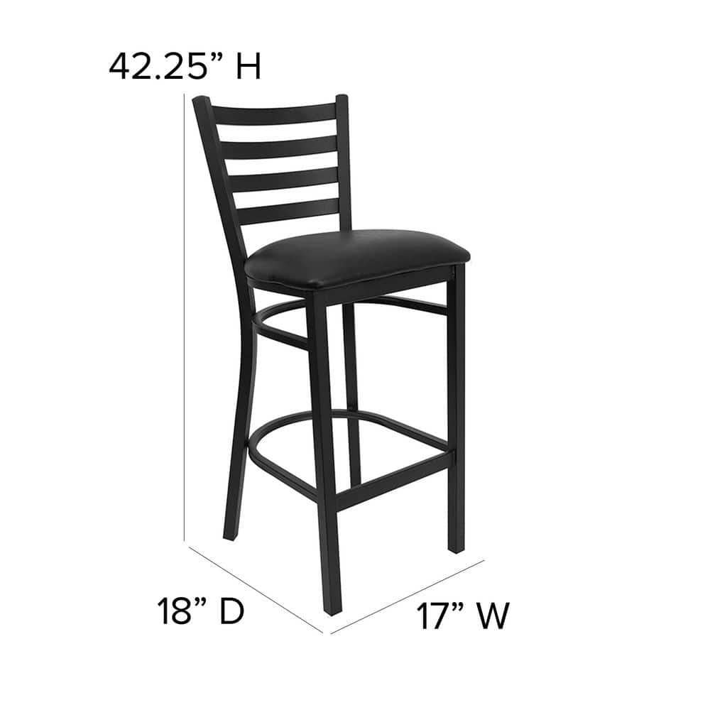 Elegant Black Metal Ladder Back Barstool with Vinyl Seat