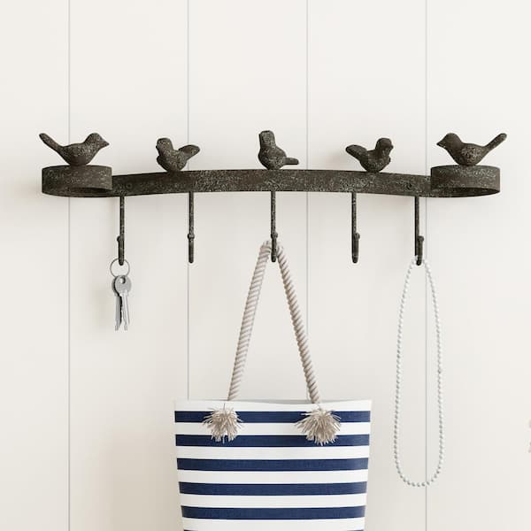 CAST IRON Multi Bird Rustic Brown Wall Hook Hanger with 5 Hooks 