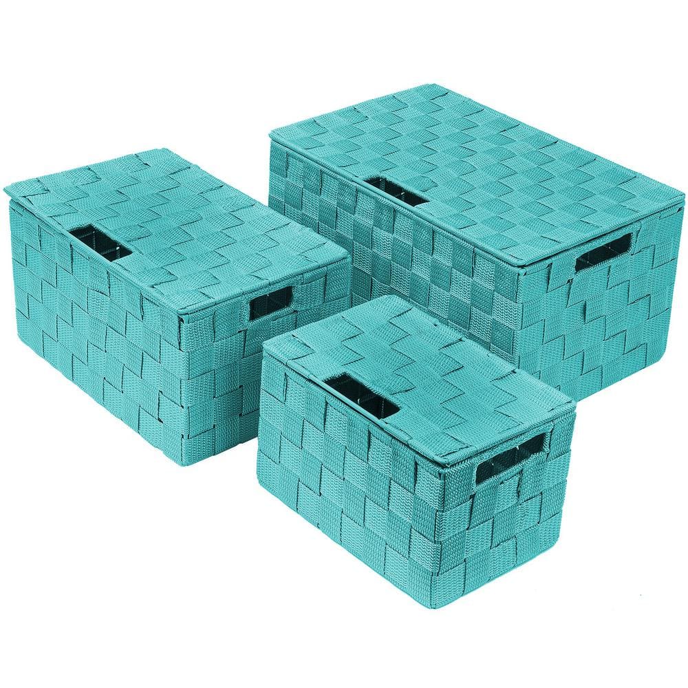 3 Sizes Storage Basket with Lid, Mesh Hand-Woven Organizers, Blue 13.5 in. 