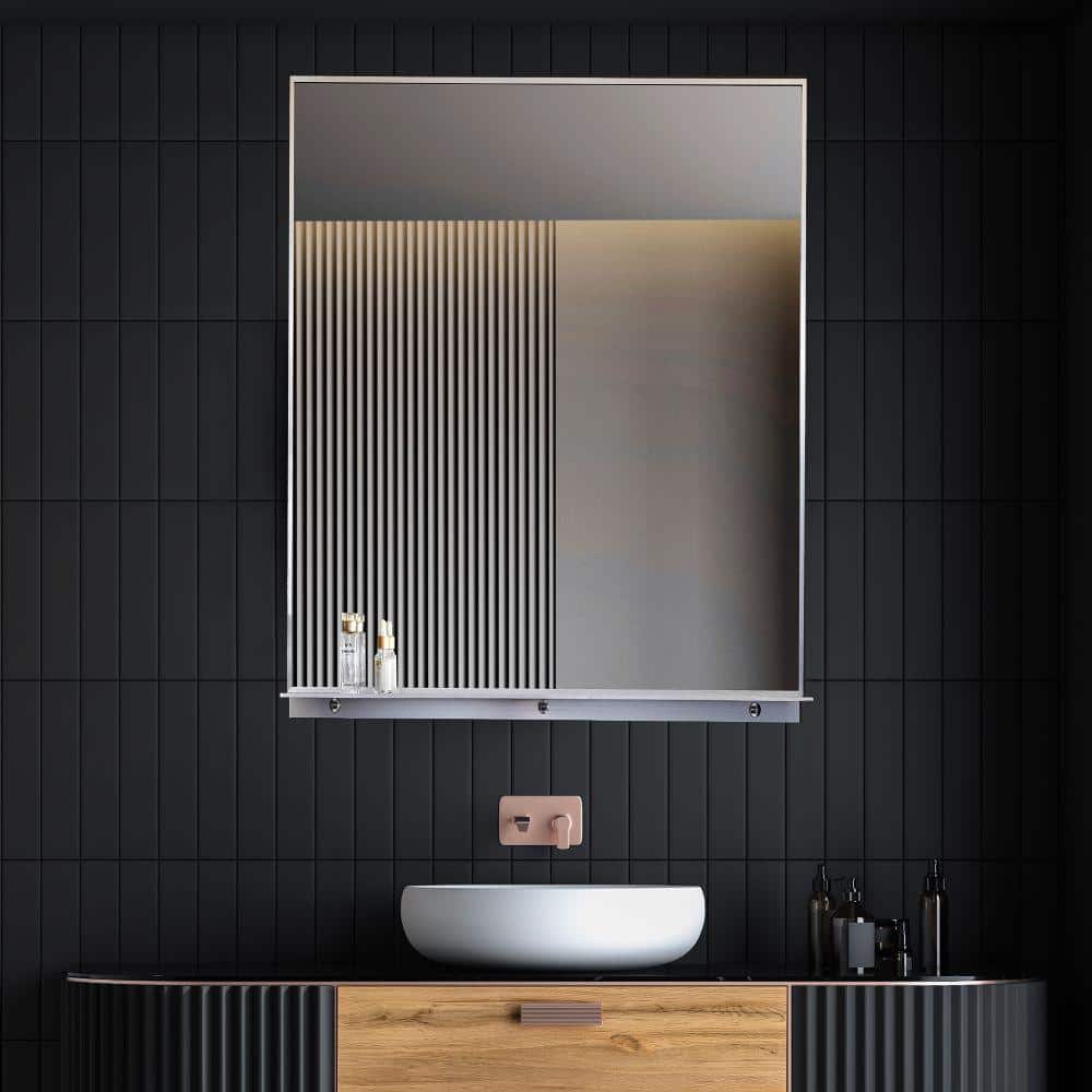 Lexi 24" x 32" Silver Aluminum Rectangular Mirror with Shelf
