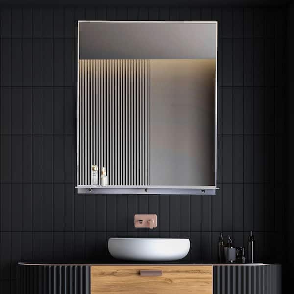 Dreamwerks Lexi 24 in. W x 32 in. H Rectangular Framed Wall Mount Bathroom Vanity Mirror with Integrated Shelf in Brushed Nickel