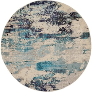 Celestial Ivory/Teal Blue 5 ft. x 5 ft. Abstract Modern Round Area Rug