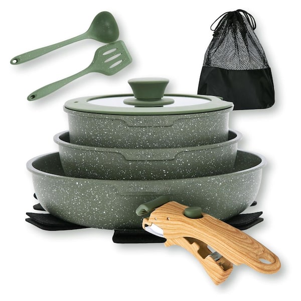 10 Piece Aluminum Nonstick Cookware Set with Removable Handle in Green for Induction and RV Cooking