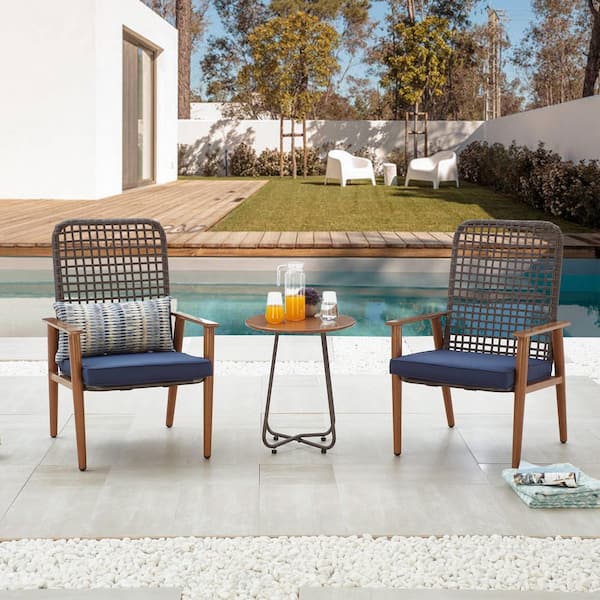 3-Piece Metal Wicker Patio Conversation Set with Blue Cushions