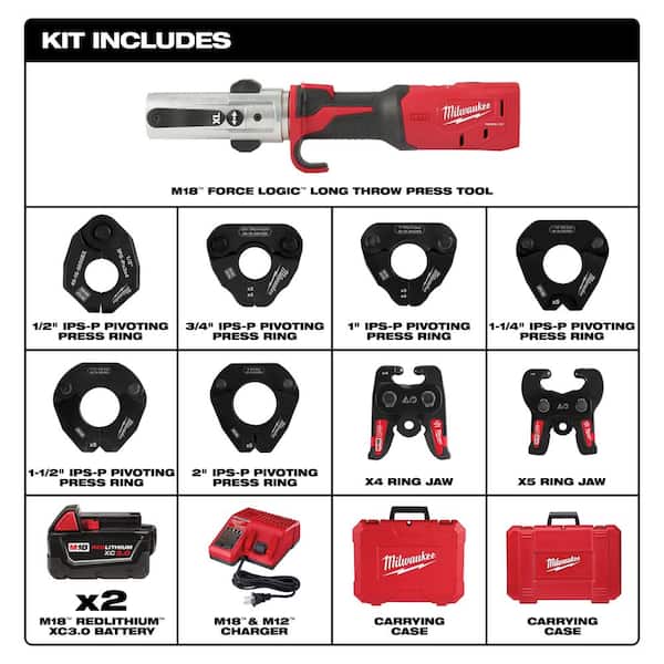 M18 18-Volt Lithium-Ion Cordless FORCE LOGIC Long Throw Press Tool Kit w/ 1/2 in. - 2 in. IPS-P Pivoting Press Ring Kit
