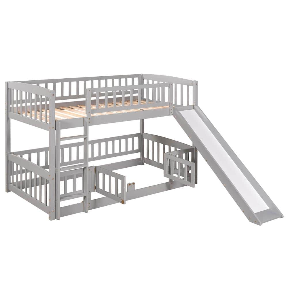 Grey Twin Over Twin Low Bunk Bed with Slide, Fence and Ladder for Kids Teens durable construction price history on PriceWatchPro