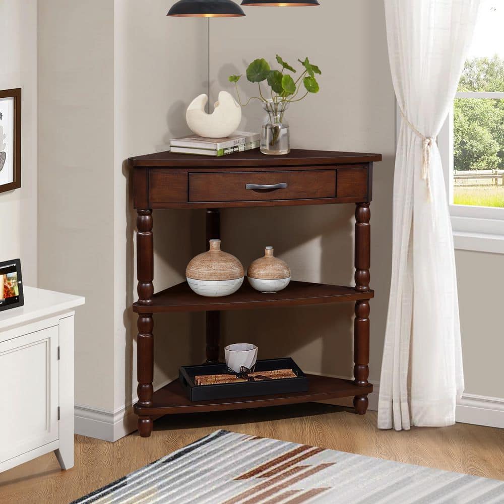 33.8 in. Light Espresso Triangle Wood End Table with 1-Drawer Corner Side T