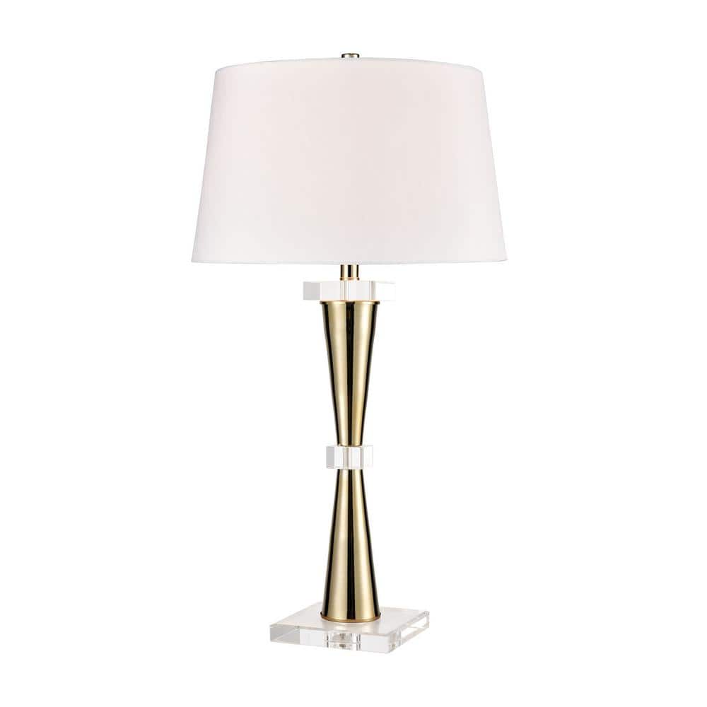 Gold and Clear Table Lamp with White Faux Silk Shade