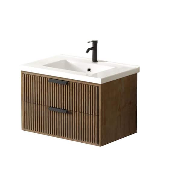 Avihome 36 in. Single Floating Light Brown Bath Vanity with Concrete Gray Cement Top Assembled