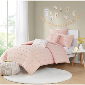 Maize 5-Piece Pink Twin/Twin XL Cotton Jacquard Comforter Set with Euro Shams and Throw Pillows