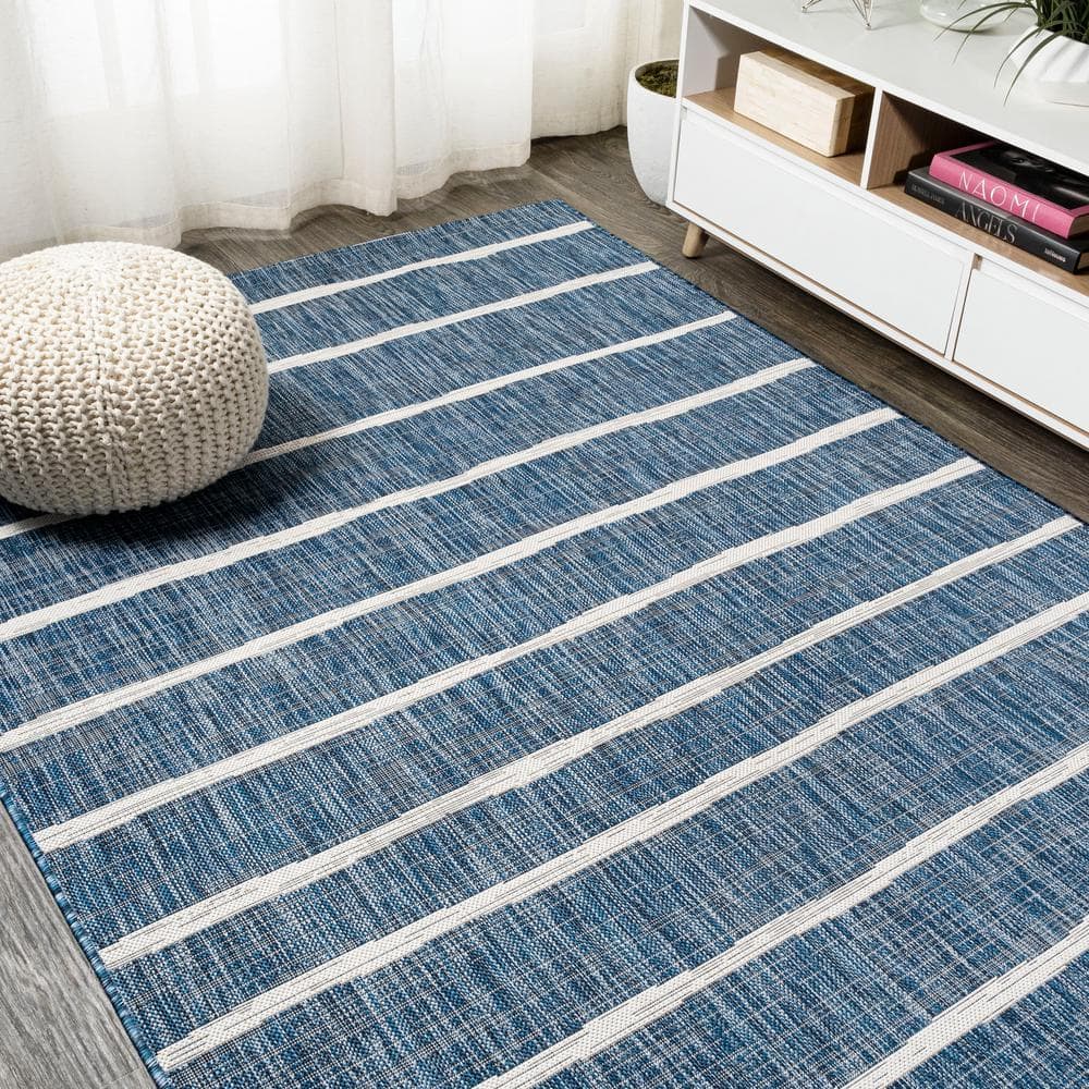 Blue and Ivory Striped Synthetic Reversible Area Rug