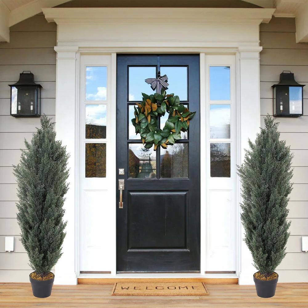 4ft Dark Green Cedar Topiary Trees in Black Cement Pots, Set of 2