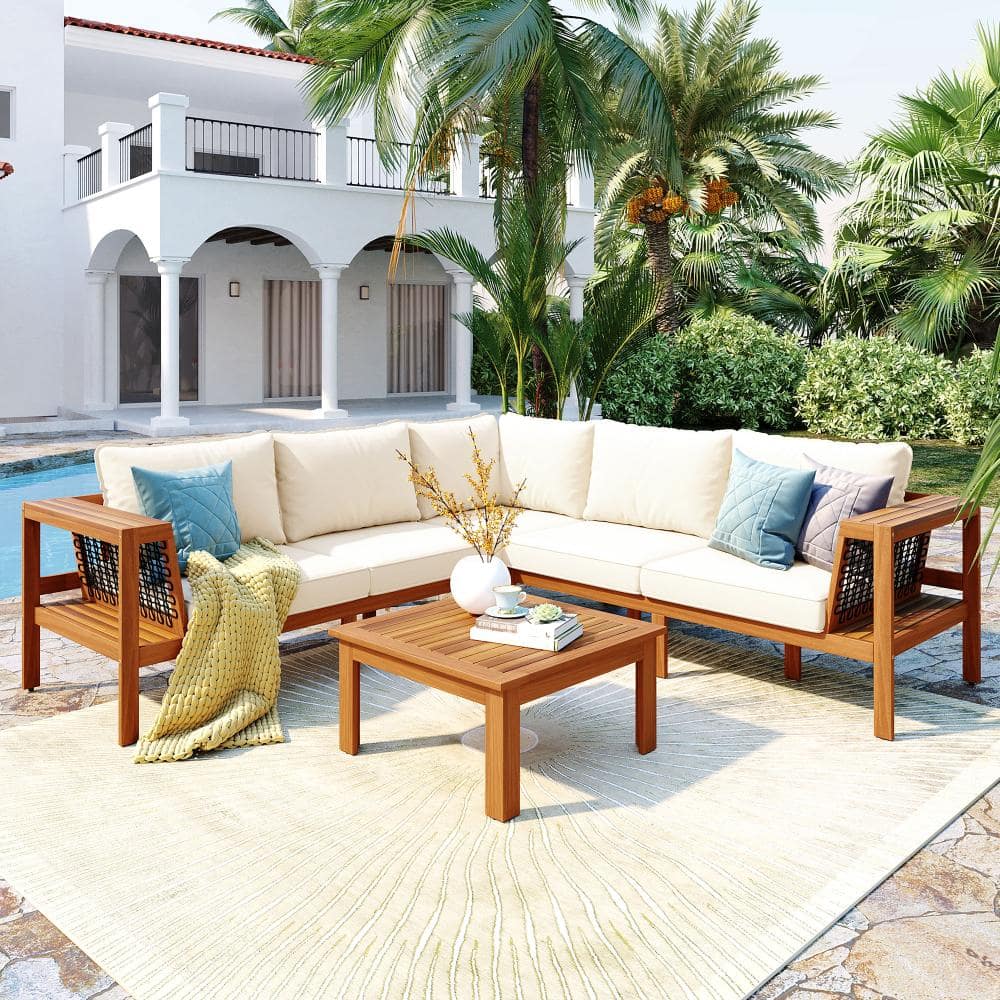 Teak Color L-Shaped 4 Pieces Outdoor Acacia Wood Conversation Sofa Set with Gray Cushions and Woven Mesh Armrests price history on PriceWatchPro