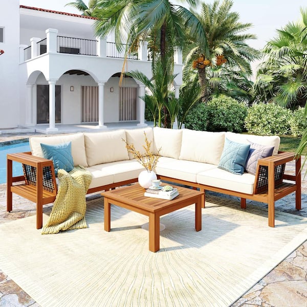 HomeAura Teak Color L-Shaped 4 Pieces Outdoor Acacia Wood