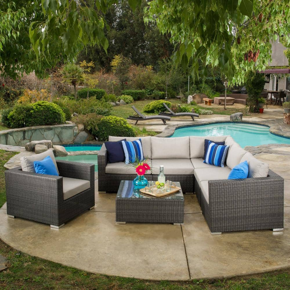 Noble House Santa Rosa 7-Piece Wicker Outdoor Sectional with Sunbrella ...