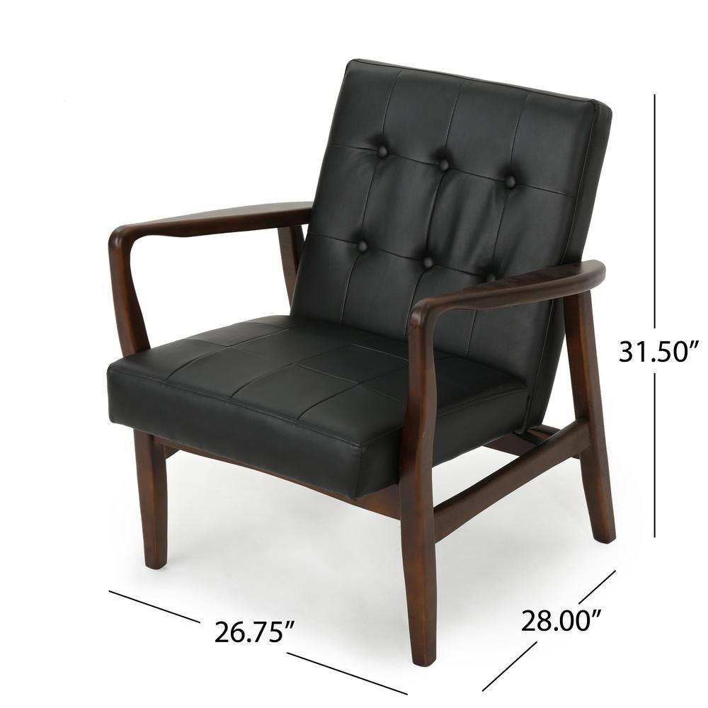 Black Faux Leather and Birch Wood Mid Century Modern Accent Chair