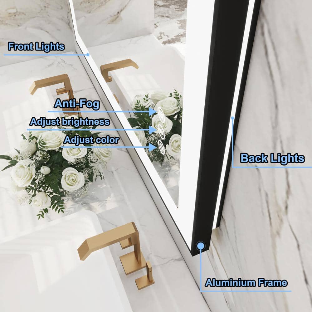 24x36 Inch Black Aluminum LED Vanity Mirror with Anti-Fog