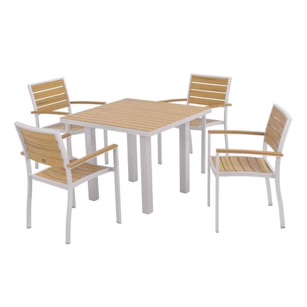 POLYWOOD Euro Textured Silver 5-Piece Plastic Outdoor Patio Dining Set with Plastique Natural Teak Slats