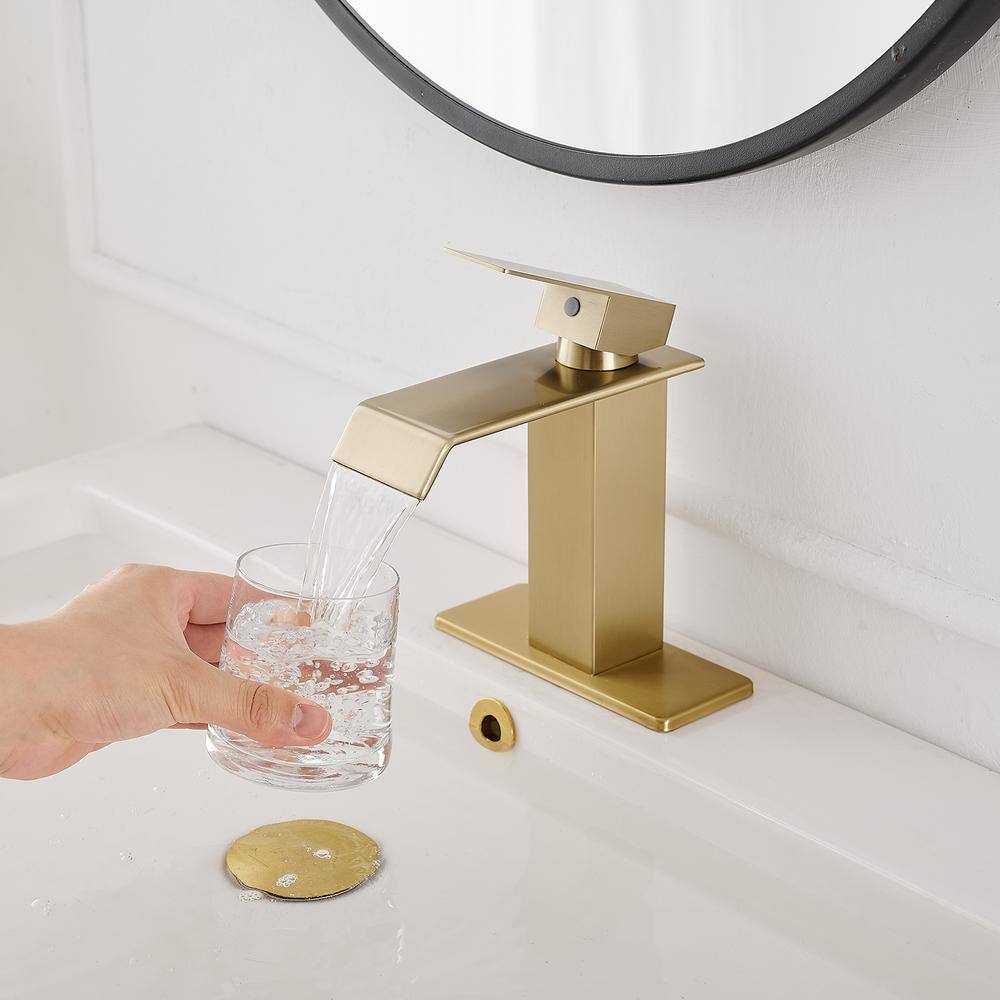 Brushed Gold Single-Handle Low-Arc Bathroom Faucet with Supply Line