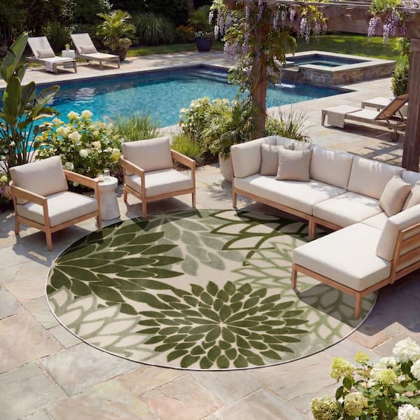 Aloha Ivory Green 8 ft. x 8 ft. Floral Contemporary Round Indoor Area Rug