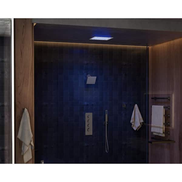 SWAINS Thermostatic 5-Spray Ceiling Mount Handheld Shower Head 2.5 GPM LED Chromotherapy Shower Faucet in Brushed Gold