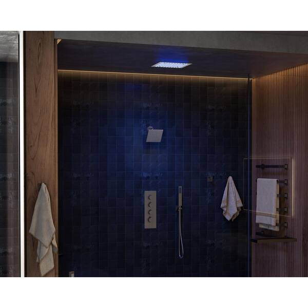 SWAINS Thermostatic 5-Spray Ceiling Mount Handheld Shower Head 2.5 GPM LED Chromotherapy Shower Faucet in Brushed Nickel