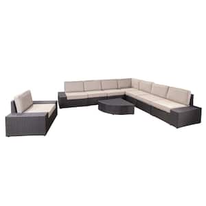 9-Piece Faux Rattan Patio Sectional Seating Set with Beige Cushions