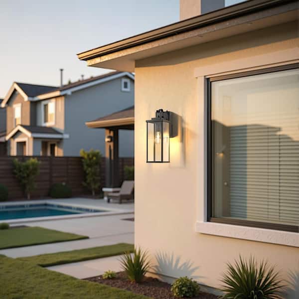 16 in. 1-Light Large Matte Black Outdoor Lantern Wall Sconce,Waterproof Wall Mount with Clear Glass for Porch or Garage